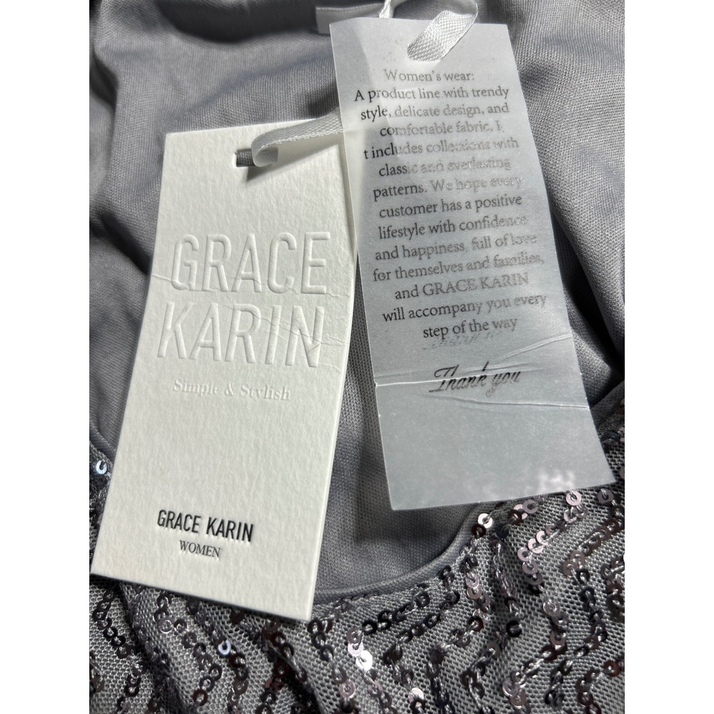 Grace Karin Silver Sequin Peplum Top Sleeveless Chevron V-Neck Blouse Medium NWT - Picture 5 of 6
